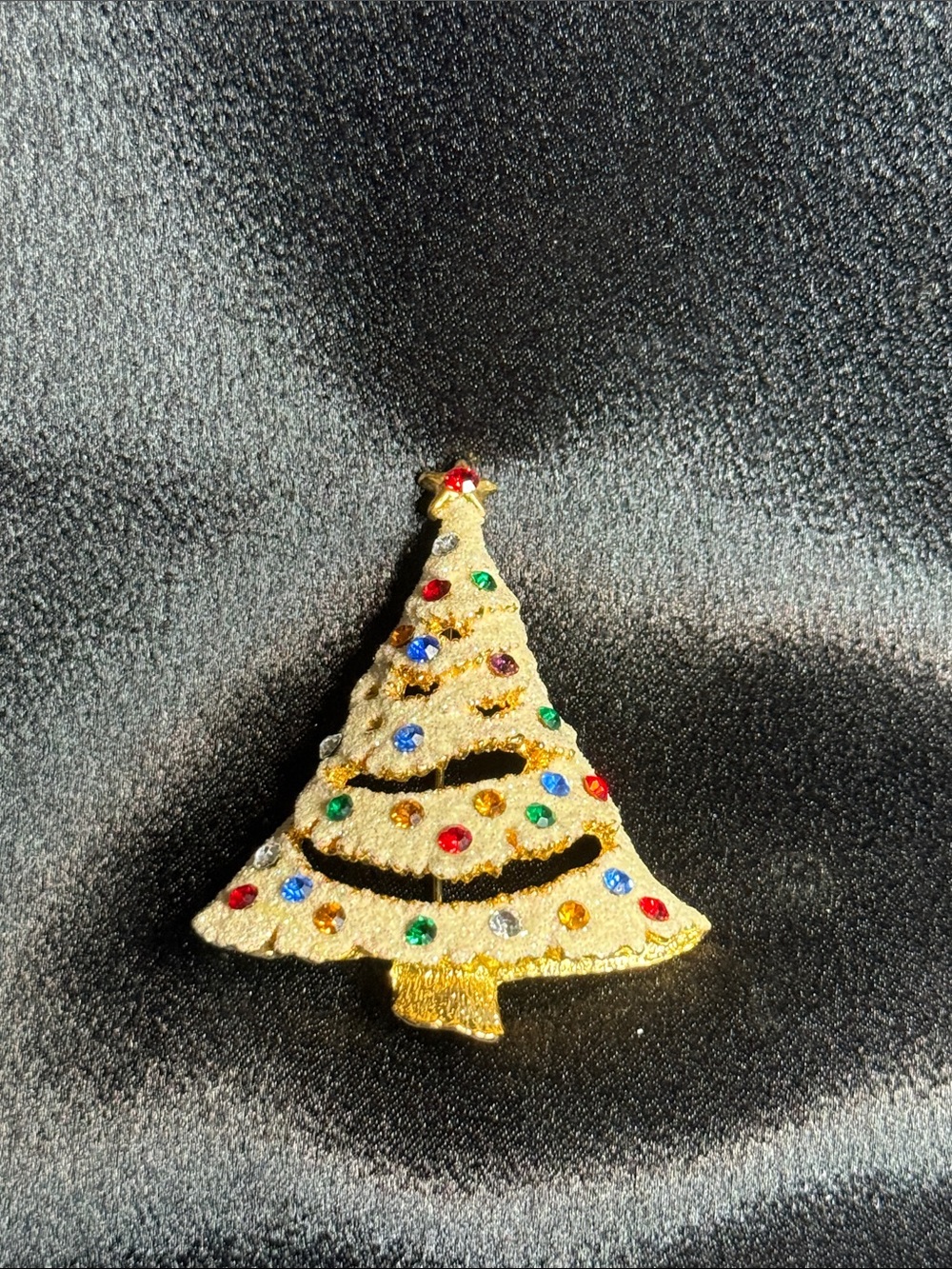 Gold Christmas Tree Brooch Pin with Multi-Color Rhinestones